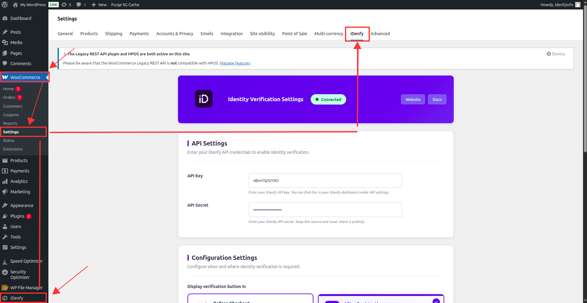 Idenfy - WooCommerce plugin open settings